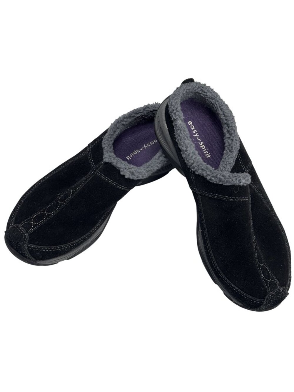 Easy Spirit Womens Black Suede Slip-On Mules With Faux Fur Lining Size 6M